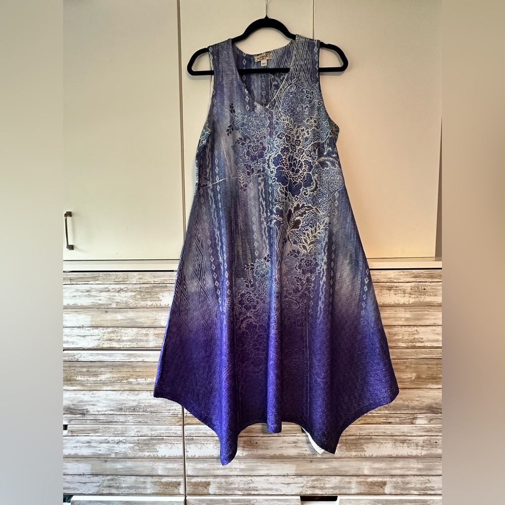 💜 ONE WORLD Purple Silver Handkerchief Hem A-Line Dress Boho Medium